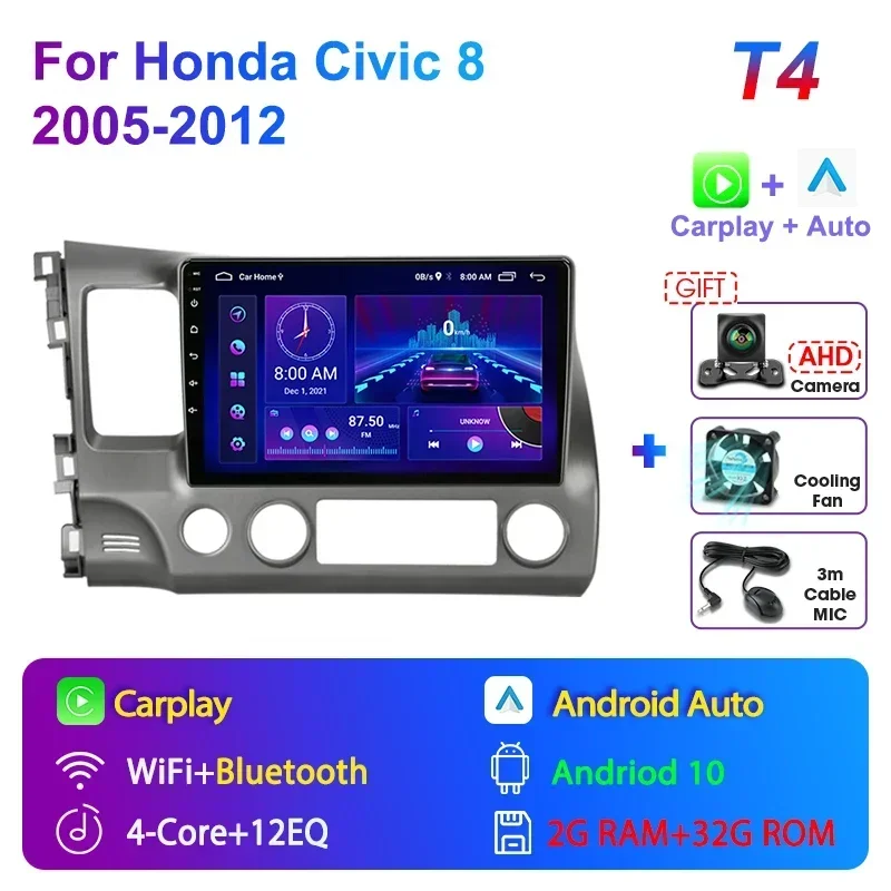 

JMCQ Android 12 автомобильный радиоприемник мультимедийный видеоплеер навигация GPS для Honda Civic 8 2005-2012 4G + Wi-Fi DSP 2din головное устройство Carplay