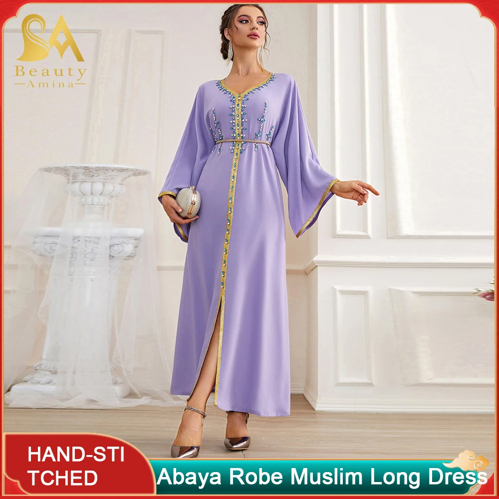 Abaya Robe Light Purple Heavy Hand Sewn Dress Middle East Dubai Travel Party Women Festive Dress Travel Ethnic Islam Long Dress