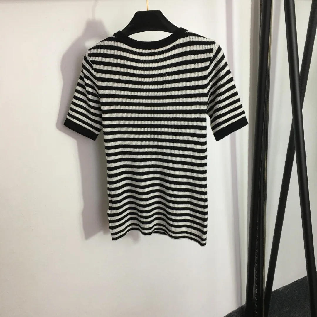 

2023 New Women's Y2K Spring/Summer Casual Half Open Button Contrast Stripe Short Sleeve Knit Top for Women