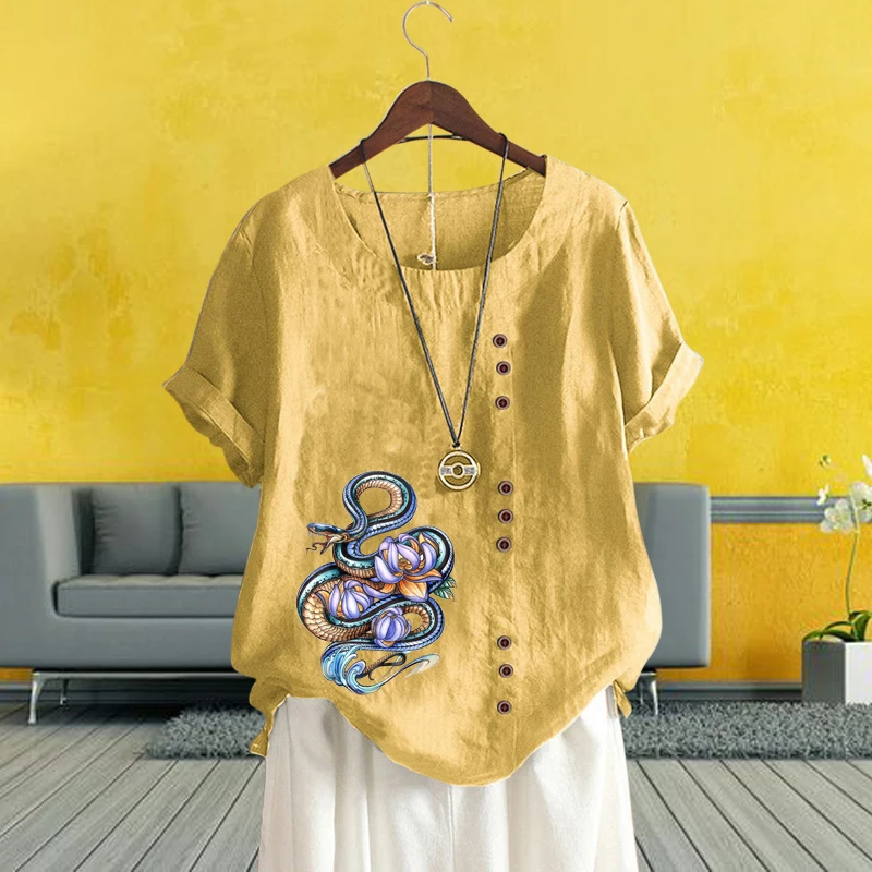 

2022 New Arrival Ladies Beautiful Printed Loose T-Shirt Breathable Linen Round Neck Blouse Solid Color Short Sleeve Tops XS-5XL