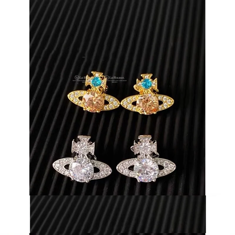 

High Imitation [Vivian] Western Queen Mother's Earrings Female High-end Hot Girl Saturn Inlaid Zircon Earrings Earrings