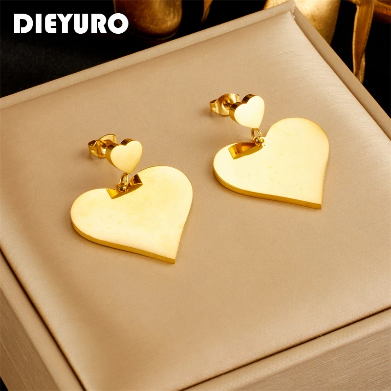 

DIEYURO 316L Stainless Steel Gold Color Heart Love Drop Earrings For Women Girl Fashion Non-fading Ear Jewelry Gift Party Серьги