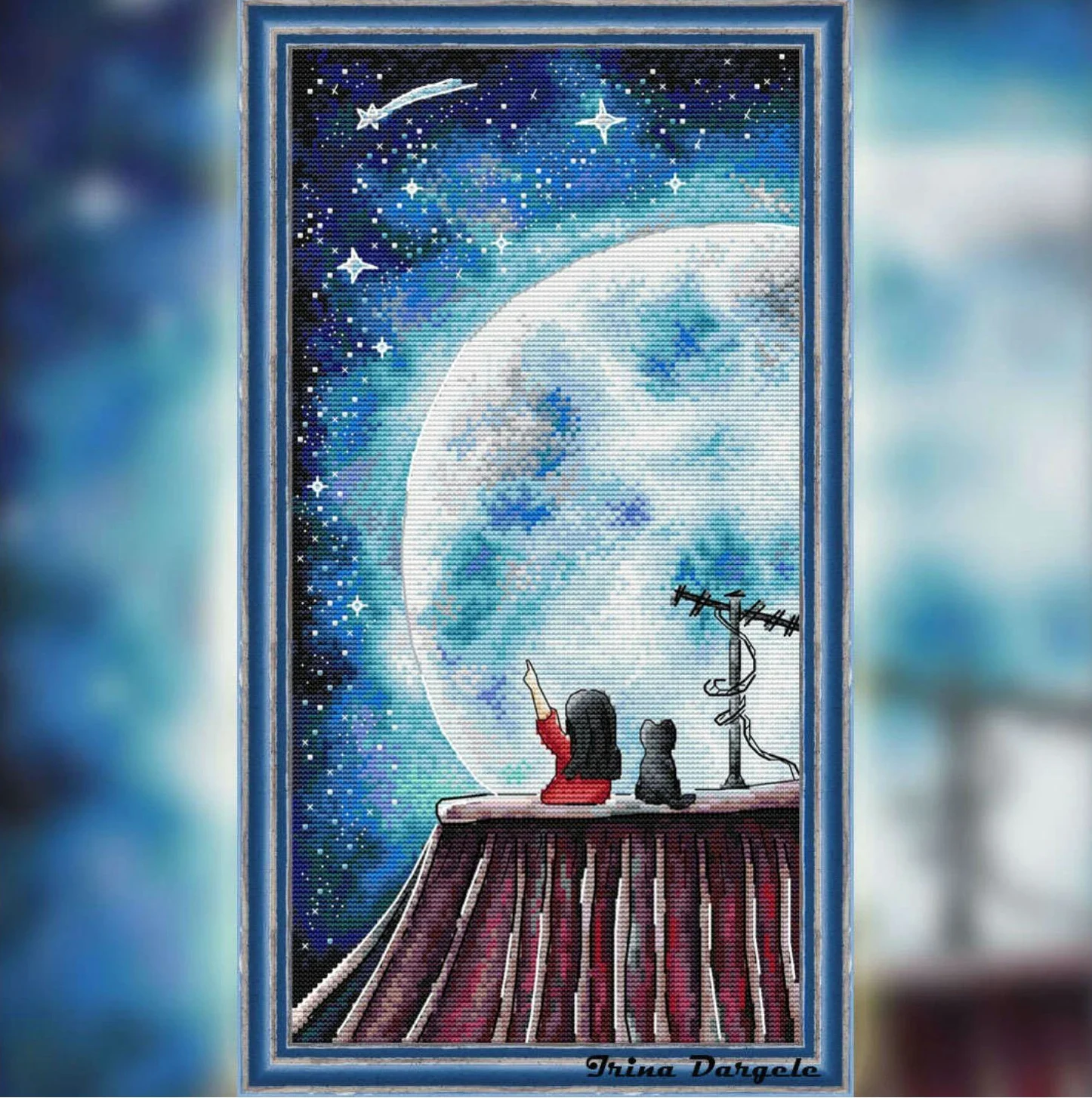 

Little Girl Watching the Moon 29-46 Top Quality Beautiful Lovely Counted Cross Stitch Kit Height DIY Needle Work