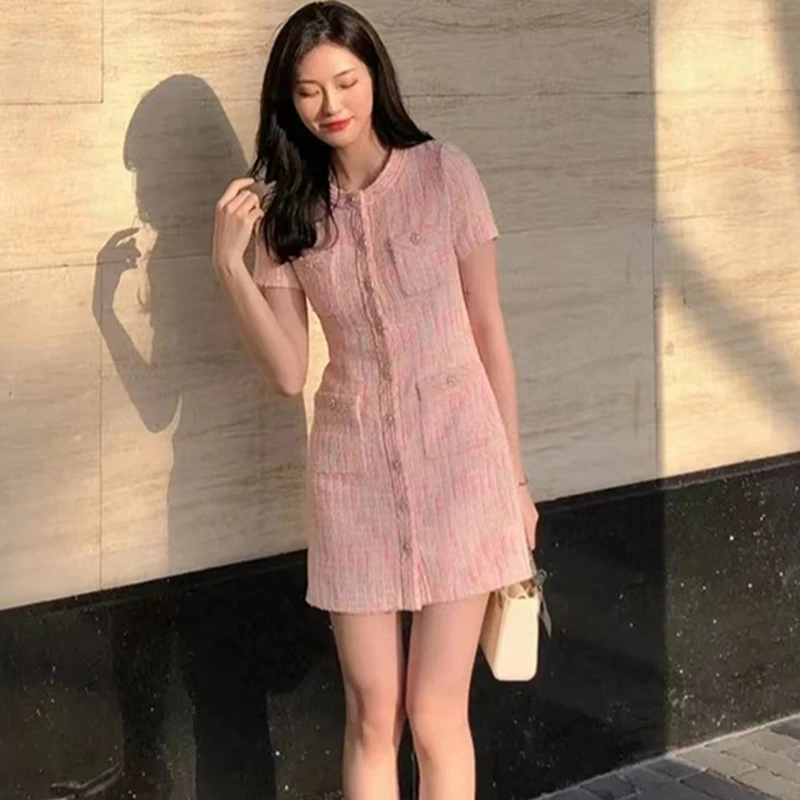 

2022 Fashion Chic Spring Summer Lady O Neck Waist Slim Short Sleeve A-line Plaid Tweed Dress Women Mini Vestido