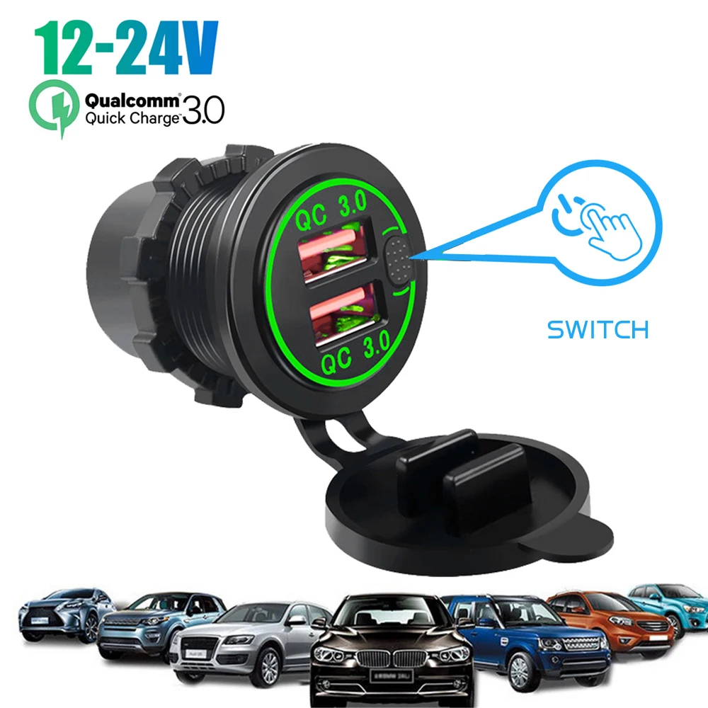 

Car Charger QC3.0 Dual USB Cigarette Lighter Socket Waterproof With Switch Quick Charge Adapter For 12/24V Motorcycle ATV Truck