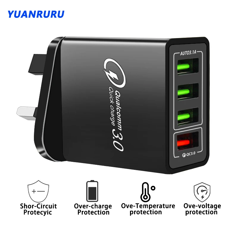 

Quick Charge Plug 3.0 USB Charger for iPhone Samsung Xiaomi Huawei 4 Port Chargers Adapter Adapter for Smartphones Fast Charging