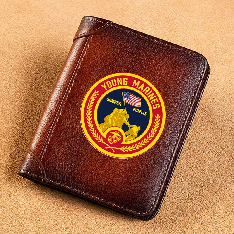 

High Quality Genuine Leather Men Young Marines Semper Fidelis Printing Cover Short Card Holder Purse Luxury Brand Male Wallet