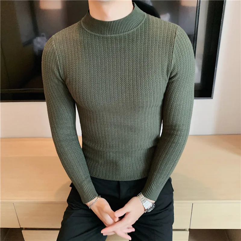 2022 Winter Half Turtleneck Sweater Men's Knitted Pullover Slim Solid Color Wool Knitwear Green Long-sleeved Top
