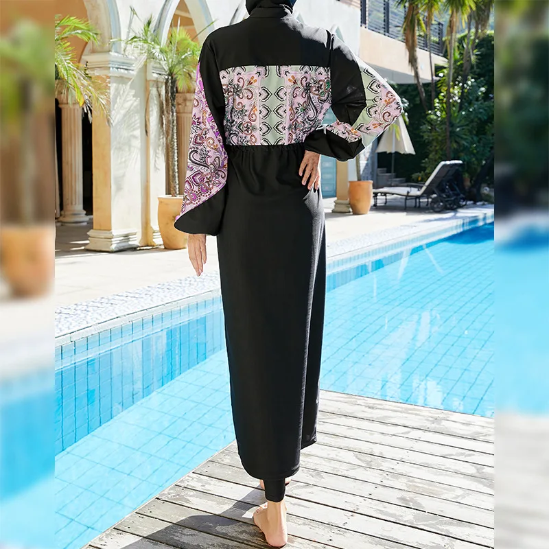 2022 New Design Burkini Swimsuit For Muslim Women Lantern Sleeve Long Robe Paisley Print Drawstring Baju Renang Muslimah