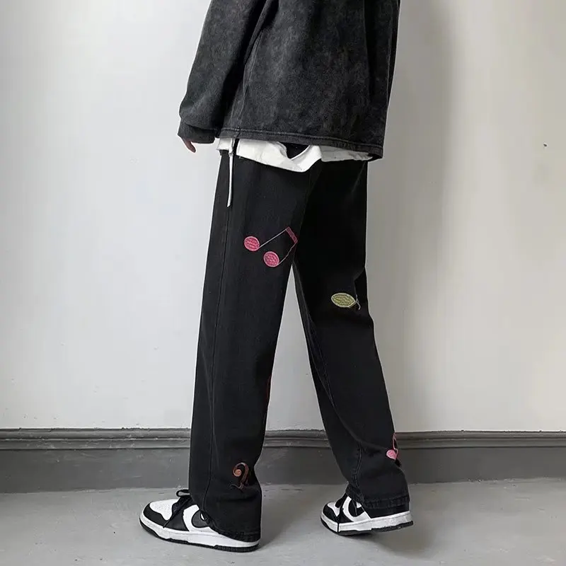 2022 New Fashion Musical Note Embroidery Straight Men Baggy Jeans Trousers Hip Hop Vintage Denim Pants Elegant Pantalones Hombre