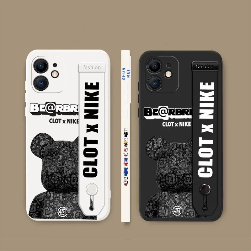 

NOHON Case For APPLE IPHONE 13 12 11 PRO MAX MINI XS XR Cartoon bear wrist strap fashion back cover