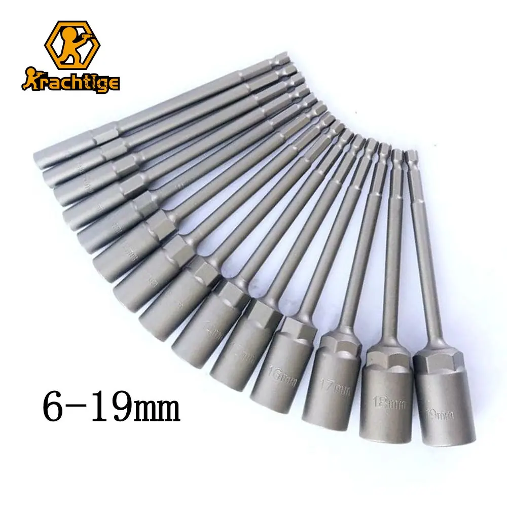 Krachtige 14Pcs 6-19mm Impact Socket Adapter For Power Tools 6.35MM Hex 150mm Length Deepen Power Nut Driver Drill Bit Set