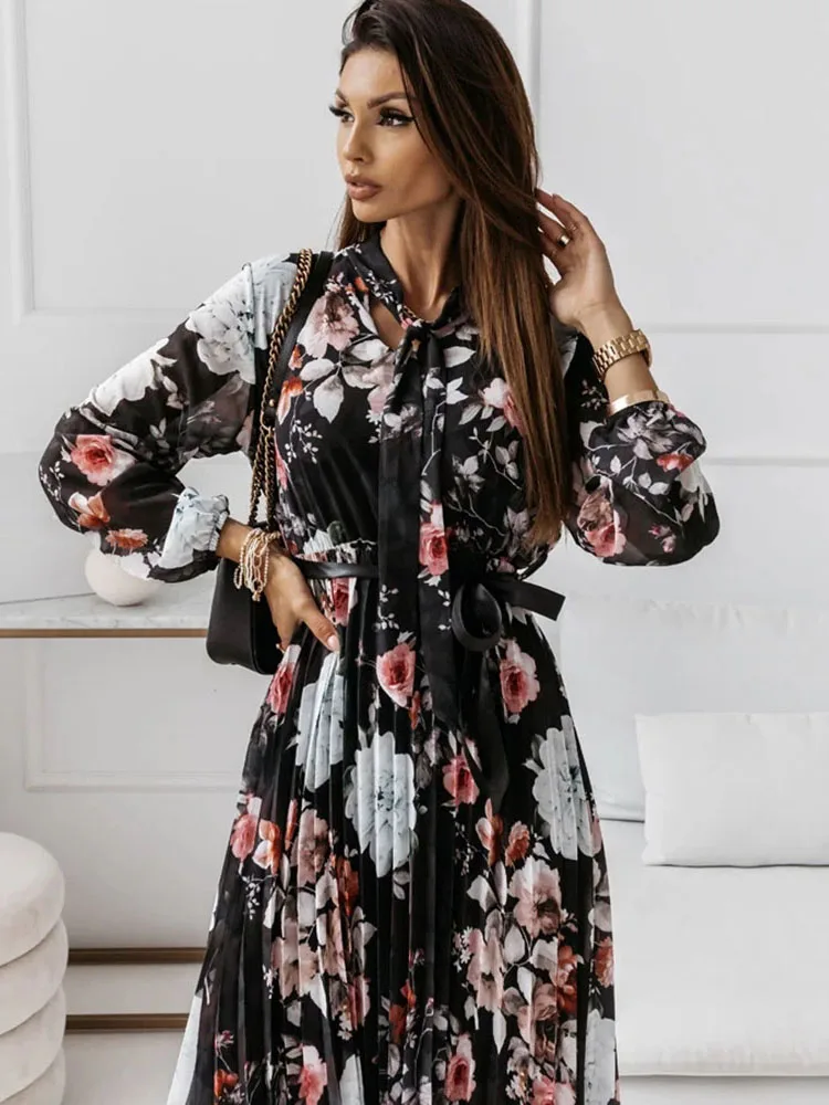 Elegant Chiffon Floral Print Pleated Maxi Dress Women 2021 Autumn Casual Long Sleeve Lace-up Party Dresses Office Ladies Dress
