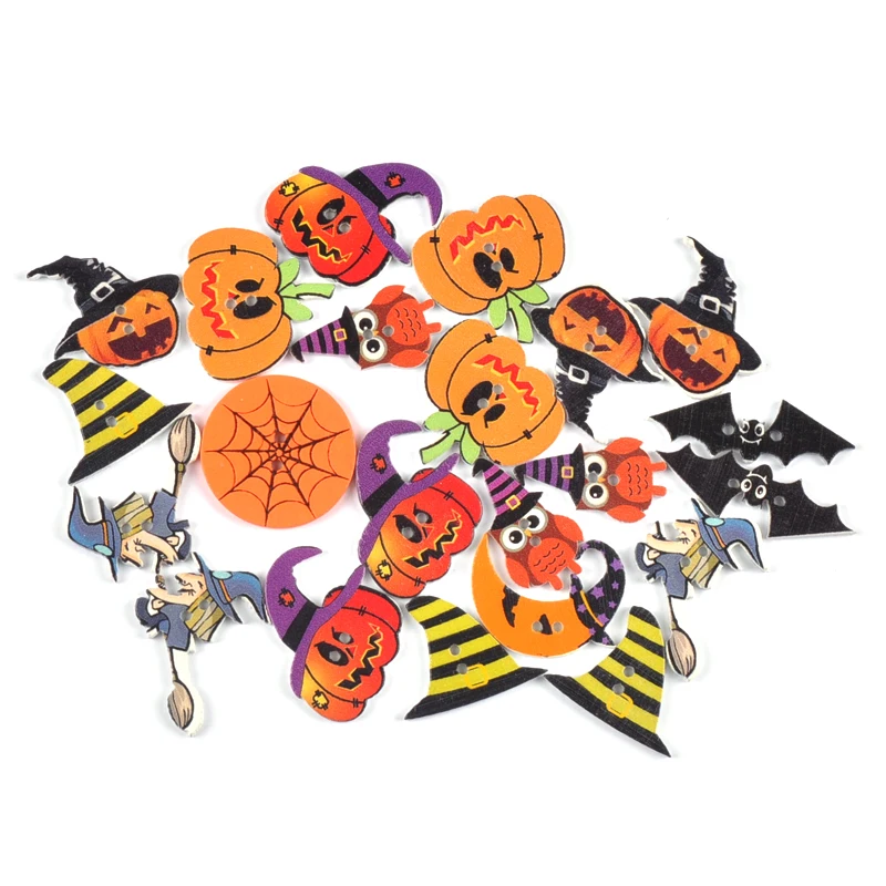 

50pcs Mixed 30mm Witch Pumpkin Ghost Pattern Wooden Buttons Halloween Decoration Scrapbooking Craft Sewing Accessories m2718