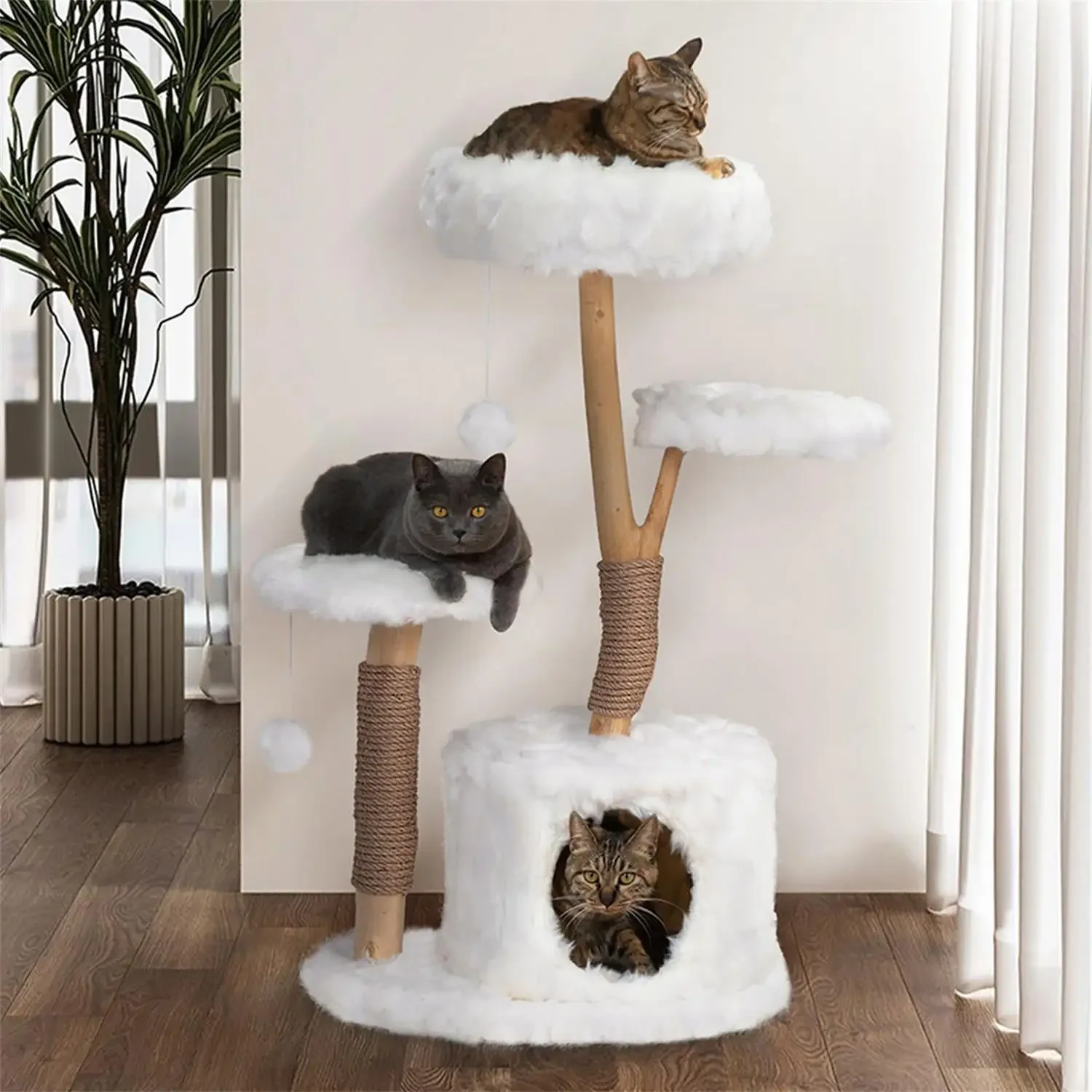 

31.5" Modern Tree for Adult Cats, Natural Branch Tree Tower for Indoor Cats with Condo and Climbing Perches, Kitten Scratching