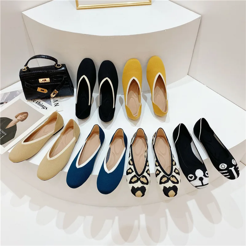 

Women's Flat Shoes Ballet Breathable Knit Round Head Moccasin Mixed Color Soft Shoes Women Zapatos De Zapatillas Mujer Flats
