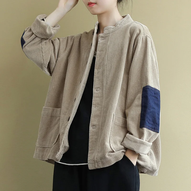 

Vintage Patchwork Long Sleeve Jacket Women Stand Collar Pockets Single Breasted Corduroy Coats 2022 Autumn Casual Coat Female