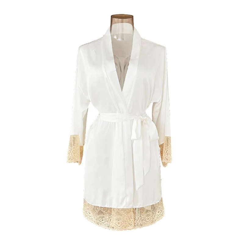 

652F сексуальный женский Атласный халат с кружевной отделкой, кимоно, халат для невесты, банный халат, повседневная одежда
