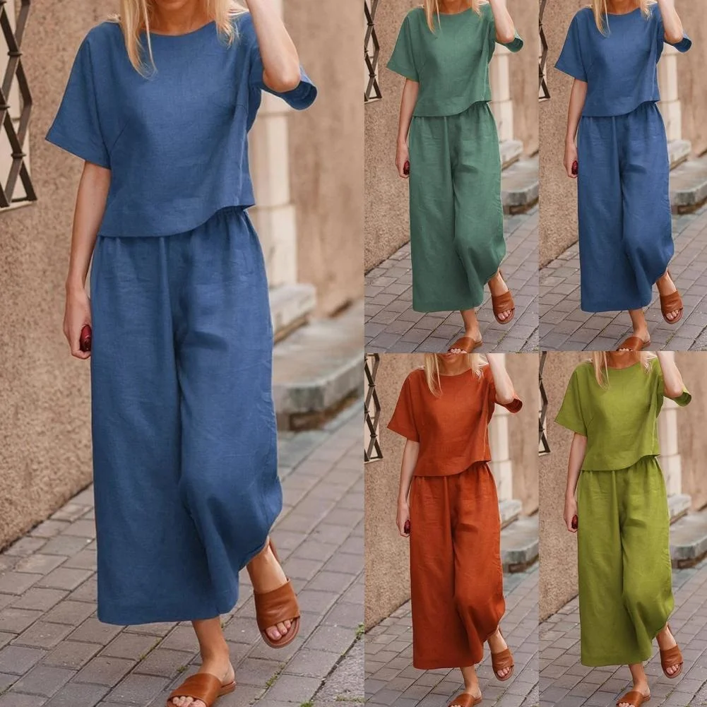 

Women T-shirt Shirt Two Piece Sets Casual Solid Sleeve Shirts And Trousers Suits Home Loose Female Chic Blouse Outfits