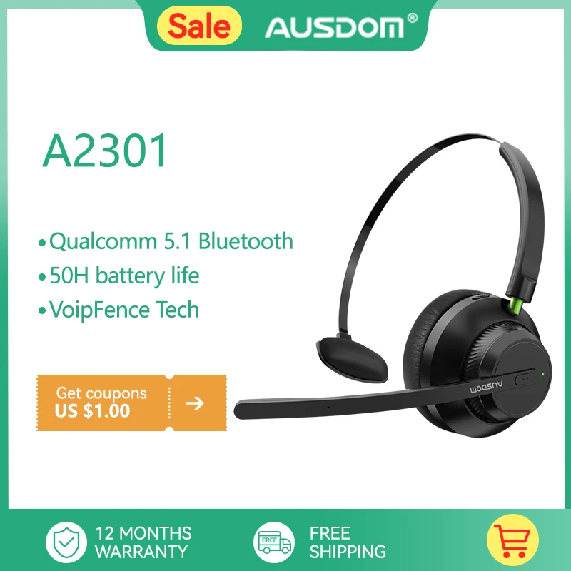 AUSDOM A2301 V5.1 Wireless Telephone UC Headsets 50Hours Playtime CVC8.0 AI Noise Reduction Office Earphon Mic For Call Center