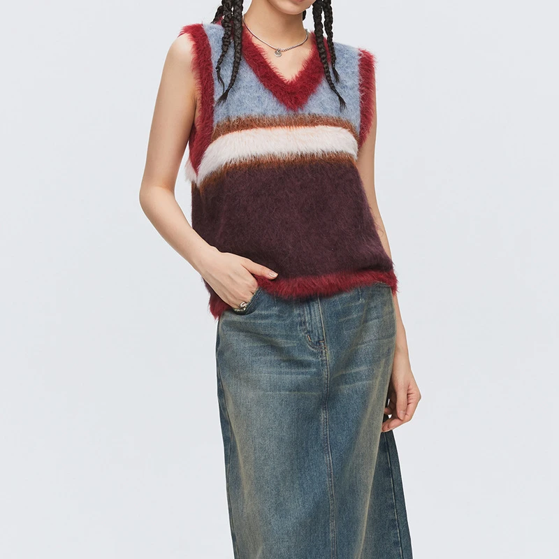 

Women Color Block Striped V-neck Vest Y2k 2023 Fall Winter Korean Fashion