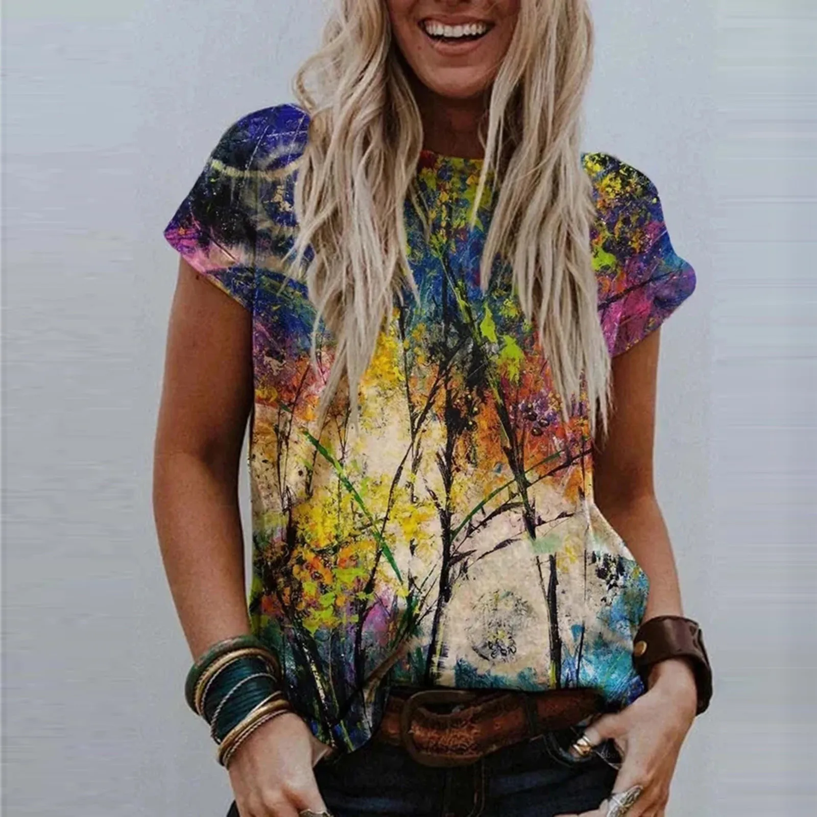 

Женская Свободная блузка с круглым вырезом, с коротким рукавом