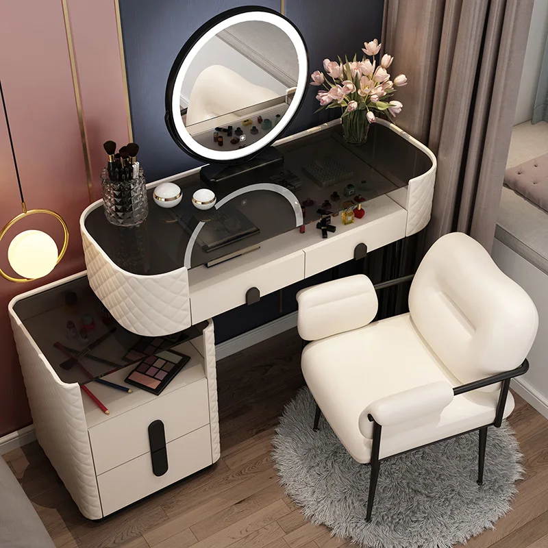 

Light Luxury Italian Dressing Table Storage Cabinet Integrated Makeup Table Glass Simple Vanity Table With LED Miirror Drawers