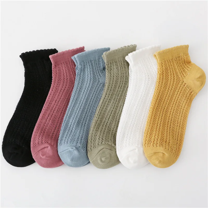 New Summer Women's Cotton Socks Japanese Thread Mesh Lace Boat Socks Women's Solid Color Vertical Stripe Short Socks Wholesale
