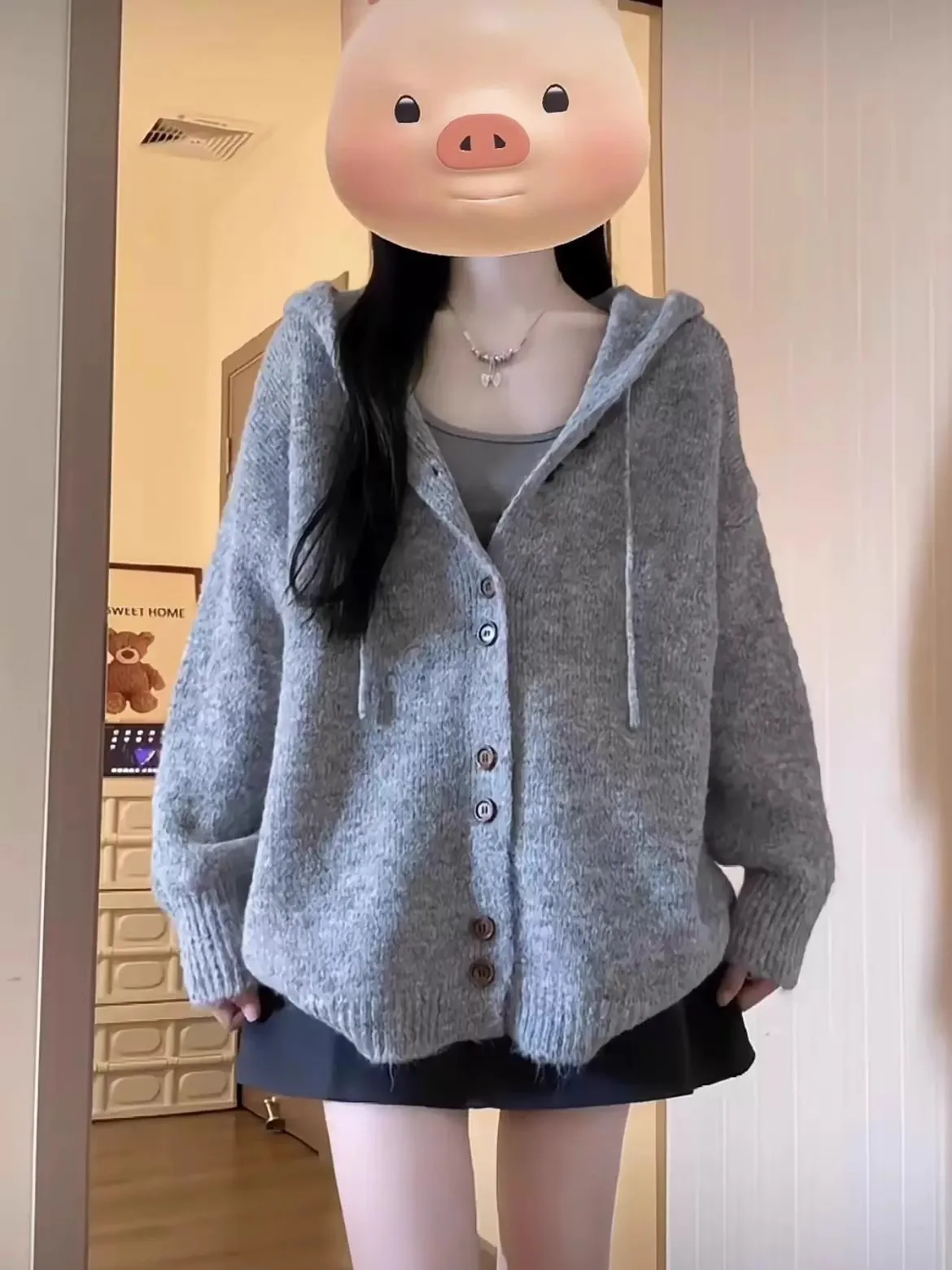 Gray Hood Sweater Cardigan Outerwear Women Autumn and Winter Korean Series Wear Oversize Idle Sle Knit Top