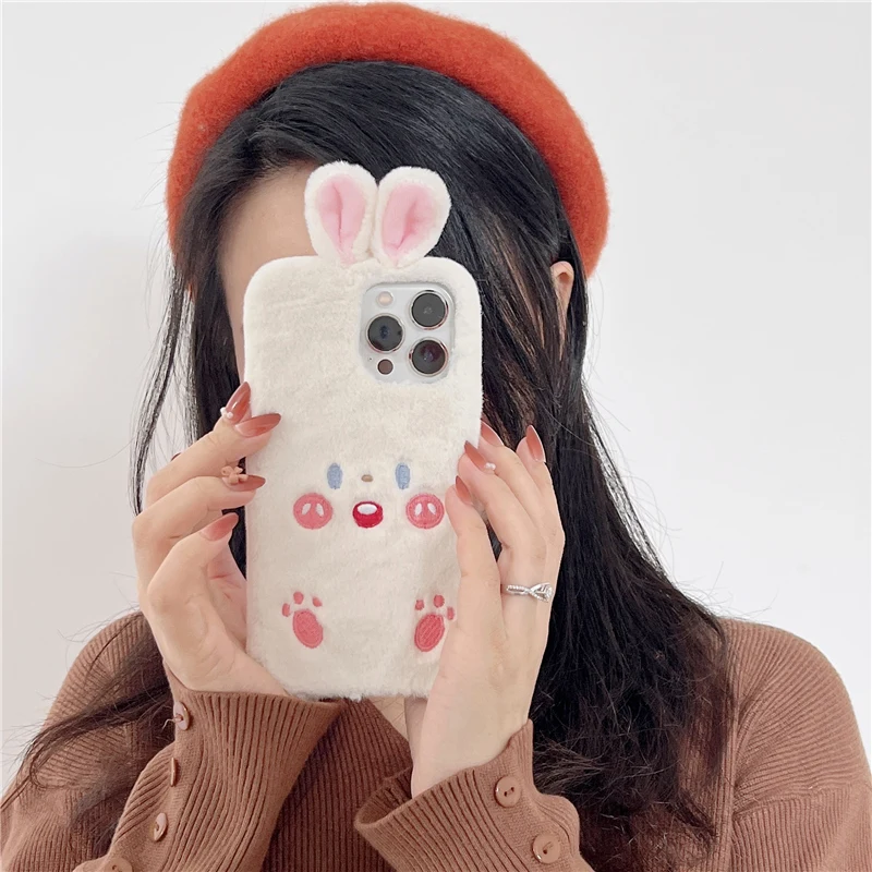 Милый 3D плюшевый чехол для телефона с кроличьими ушками iPhone 12 11 Pro Max 13 Mini X XR XS 7 8 Plus