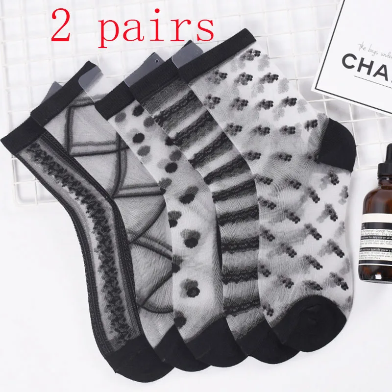 

2 Pairs of Fashion Trend Glass Stockings Ladies Black Series Sexy Women's Socks Thin Section Comfortable Transparent Stockings