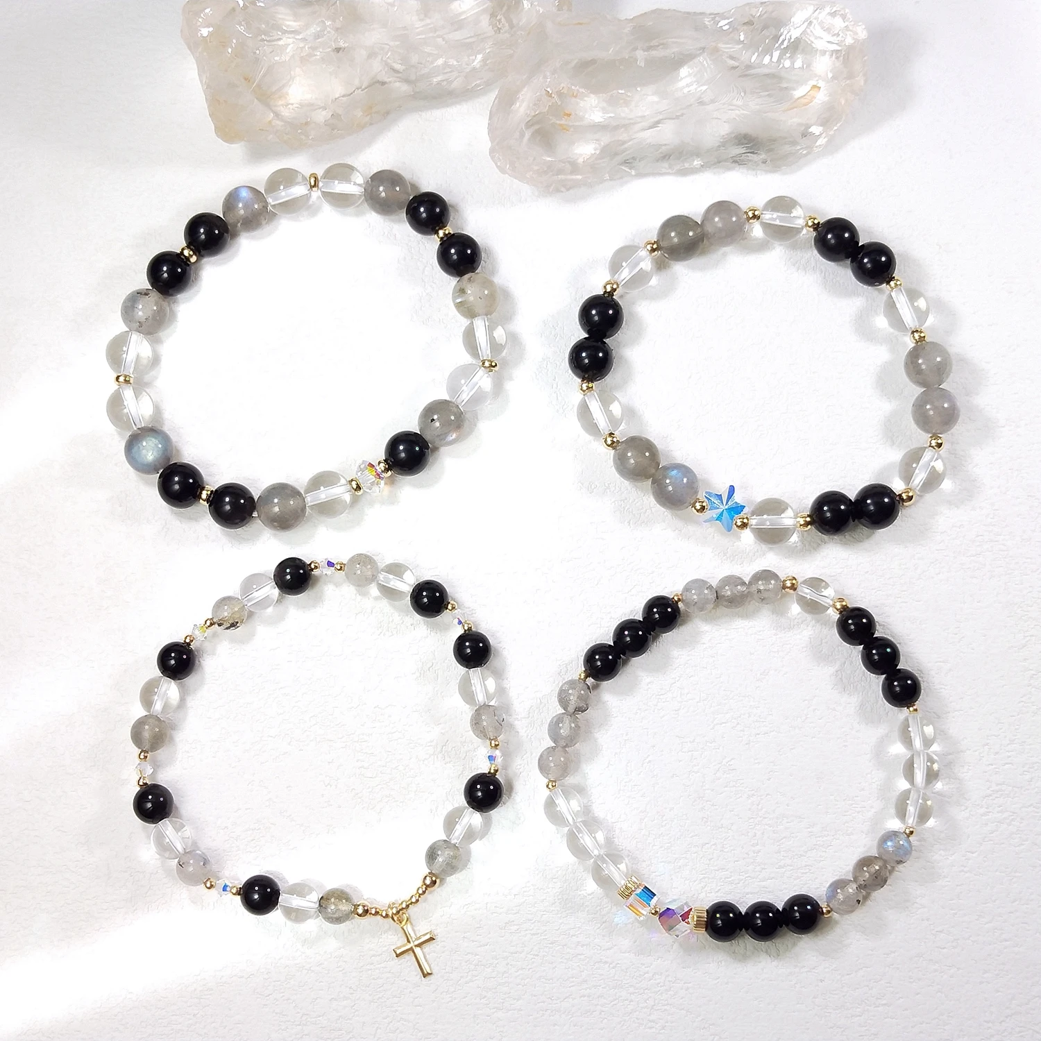 

Lii Ji Natural Stone Rainbow Obsidian Labradorite Quartz 6/8mm With Crystal American 14K Gold Filled Elastic Bracelet