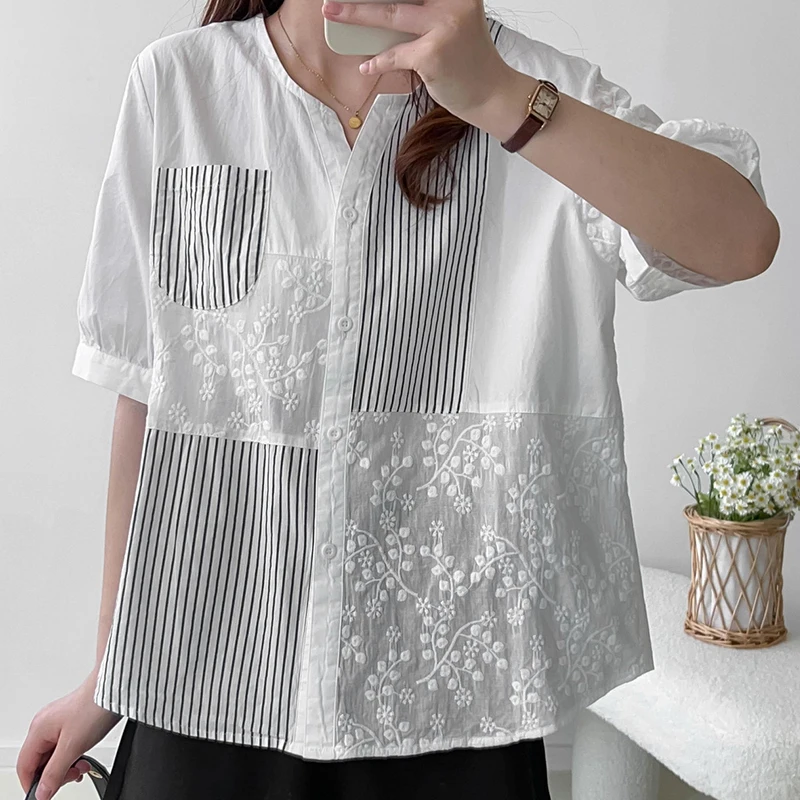 

Summer Casual Sweet Patchworl Jacquard Striped V-neck Shirt Women Clothing Pocket Stitching Short-sleeved Female Blouse U109