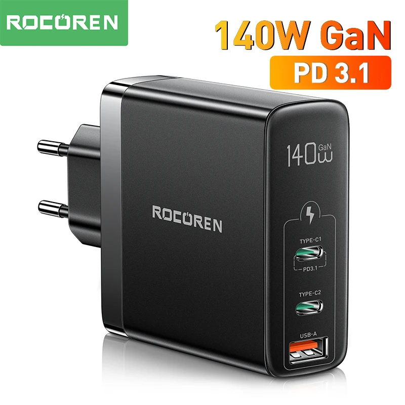 Rocoren 140W GaN USB Charger Type C PD 3.1 QC Quick Charge 4.0 3.0 USBC Fast Charging Charger For MacBook Pro iPhone 14 Laptop