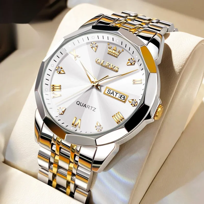 

Quartz Watch for Men Diamond Mirror Casual Fashion Waterproof Luminous Stainless Steel Watch Men's Date Week Relogios Masculino