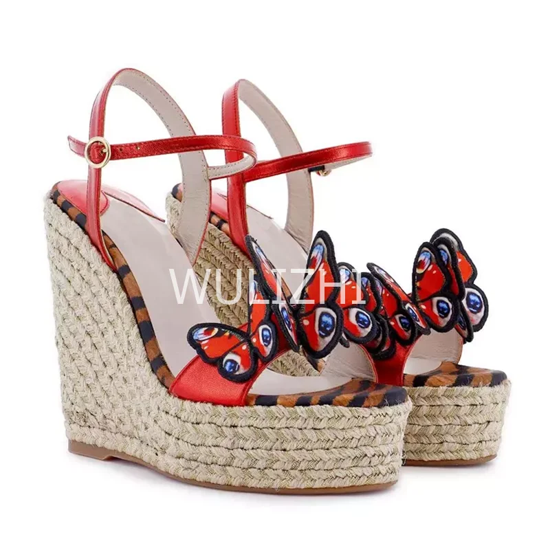 Colorful 3D Butterfly Red Wedge Sandals Women Espadarille Platform Sandals Riband Design Hollow Sexy Heels Ruffle Appliques Shoe