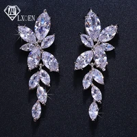 lxoen marquise cut flower zirconia crystal long drop earrings for women shiny leaf cz stone bridal wedding jewelry