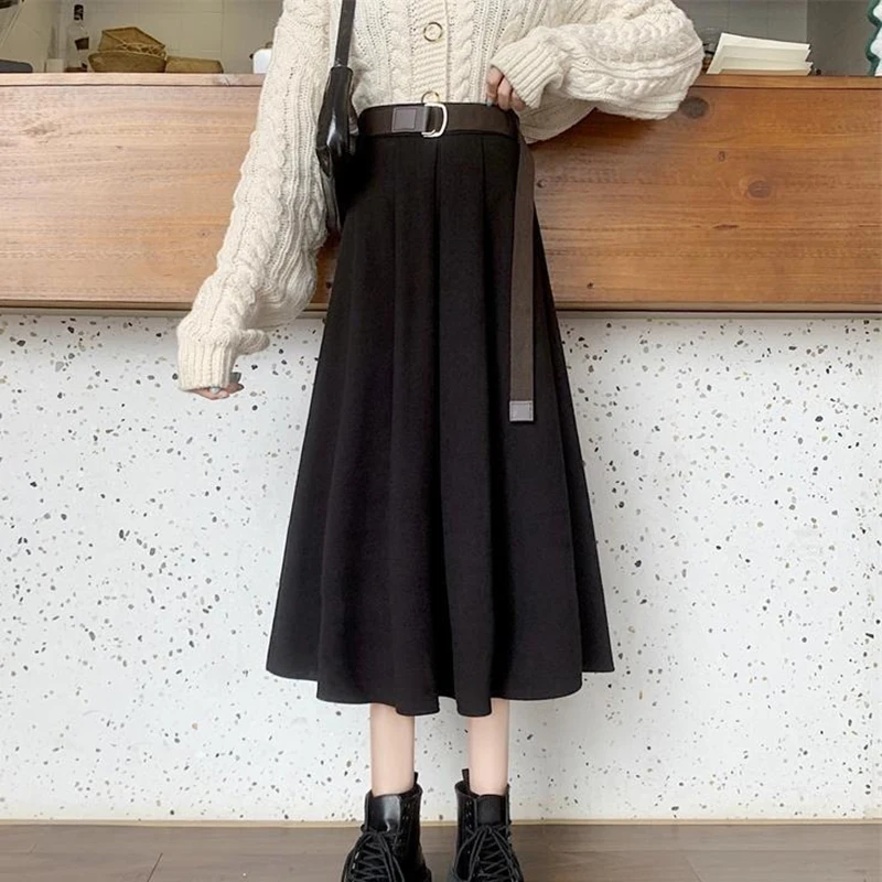 

Skirts Women Mid-calf Solid High Waist Friends Korean Style Elegant College Spring Autumn All-match Jupe Mujer Faldas Female Ins