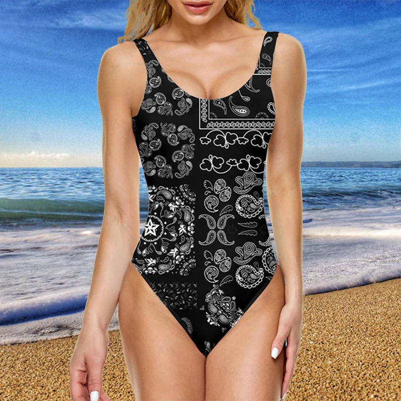 

Женский слитный купальник с белым принтом, пляжная одежда для купания с открытой спиной, женский купальник, монокини, купальный костюм