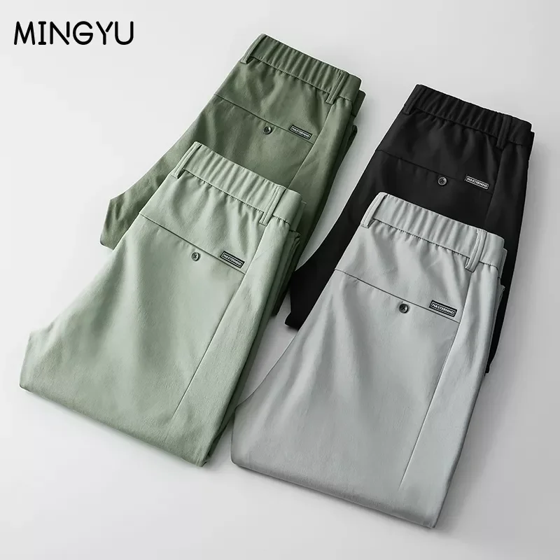 

NEW IN 2022 Spring Summer Pants Mens Stretch Korean Casual Slim Fit Elastic Waist Business Classic Trousers Male Black Gray 28-3