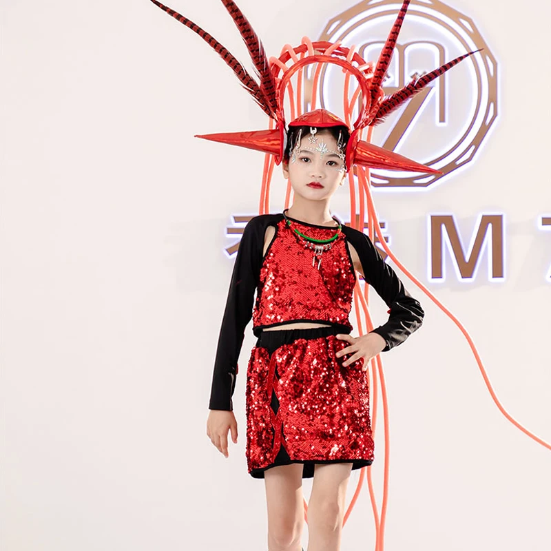 

Детская модель Подиум-шоу сценический костюм на заказ одежда с красными пайетками праздничная одежда для вечеринки Детский костюм Джаз Хип...