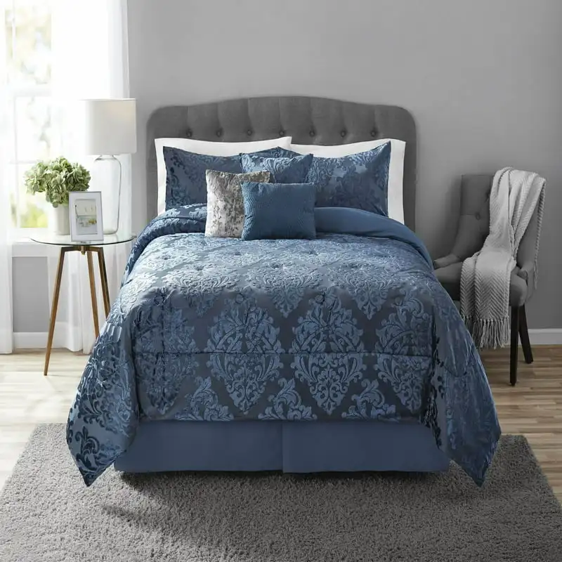 

Armin 7-Piece Navy Damask Polyester Comforter Set,