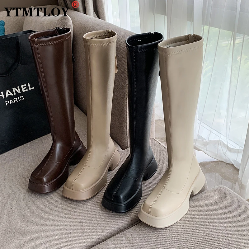 

Женские осенне-зимние высокие сапоги до колена, новые рыцарские высокие белые сапоги до бедра в британском стиле на молнии и с застежкой-молнией, обувь на платформе