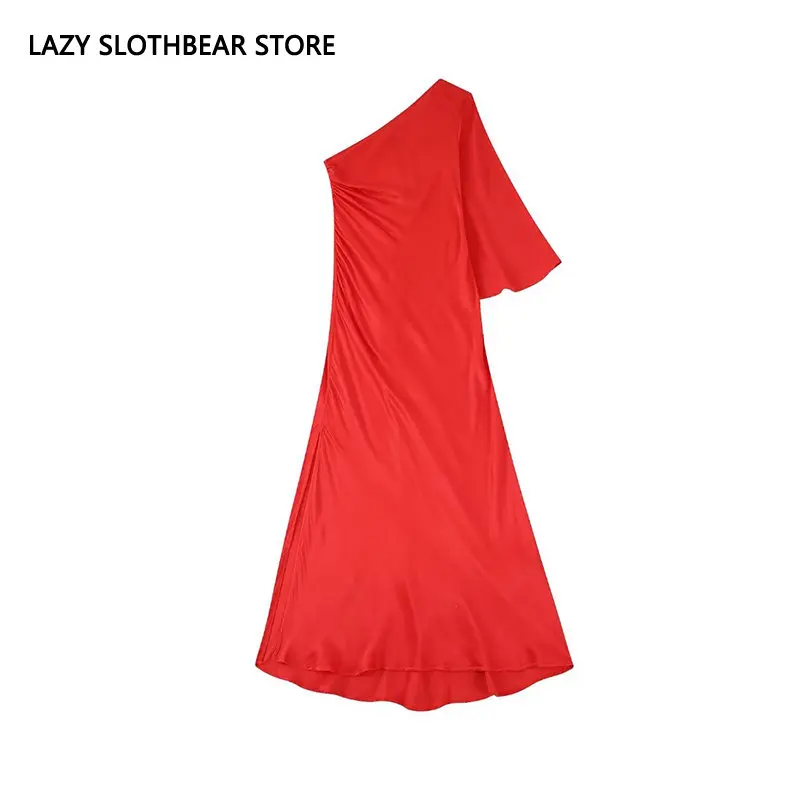 

Модное платье на одно плечо с оборками, женское элегантное атласное платье, плиссированное ТРАПЕЦИЕВИДНОЕ ПЛАТЬЕ