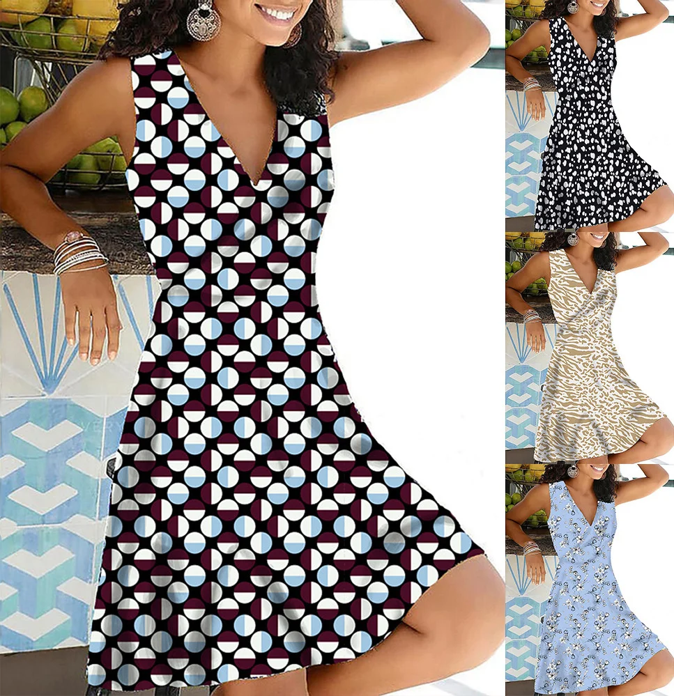 

Women's New Multicolor Digital Print Women's V Neck Sleeveless Tank Dress
