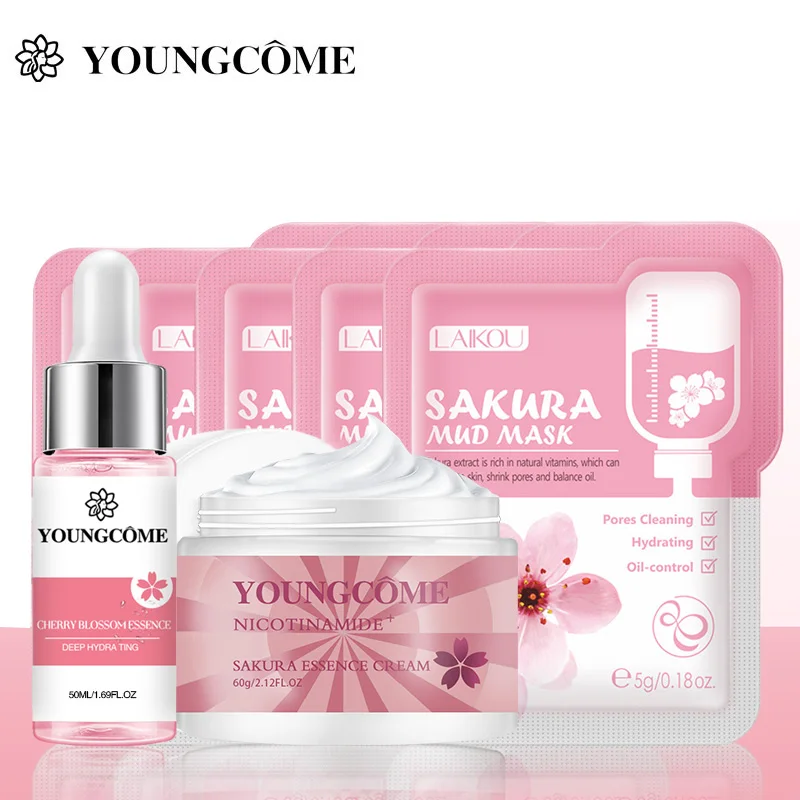 

Sakura Serum And Collagen Face Cream Cherry Blossom Essence Moisturizing Whitening Shrink Pores Anti-Aging Face Care Set