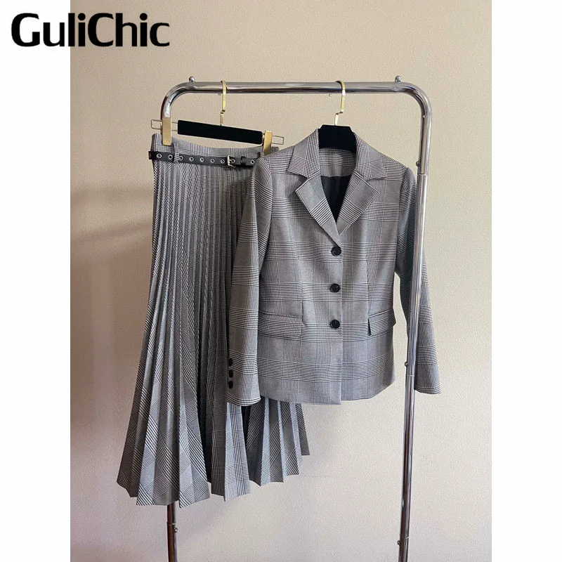 

Женский винтажный костюм GuliChic 2,10 года, элегантный клетчатый однобортный Блейзер и длинная юбка с высокой талией и поясом