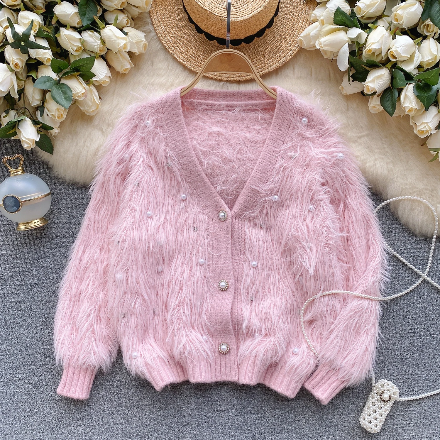 

Clothland Women Sweet Beading Pearl Fur Cardigan V Neck Loose Style Long Sleeve Sweater Jacket Cute Coat Mujer HA464