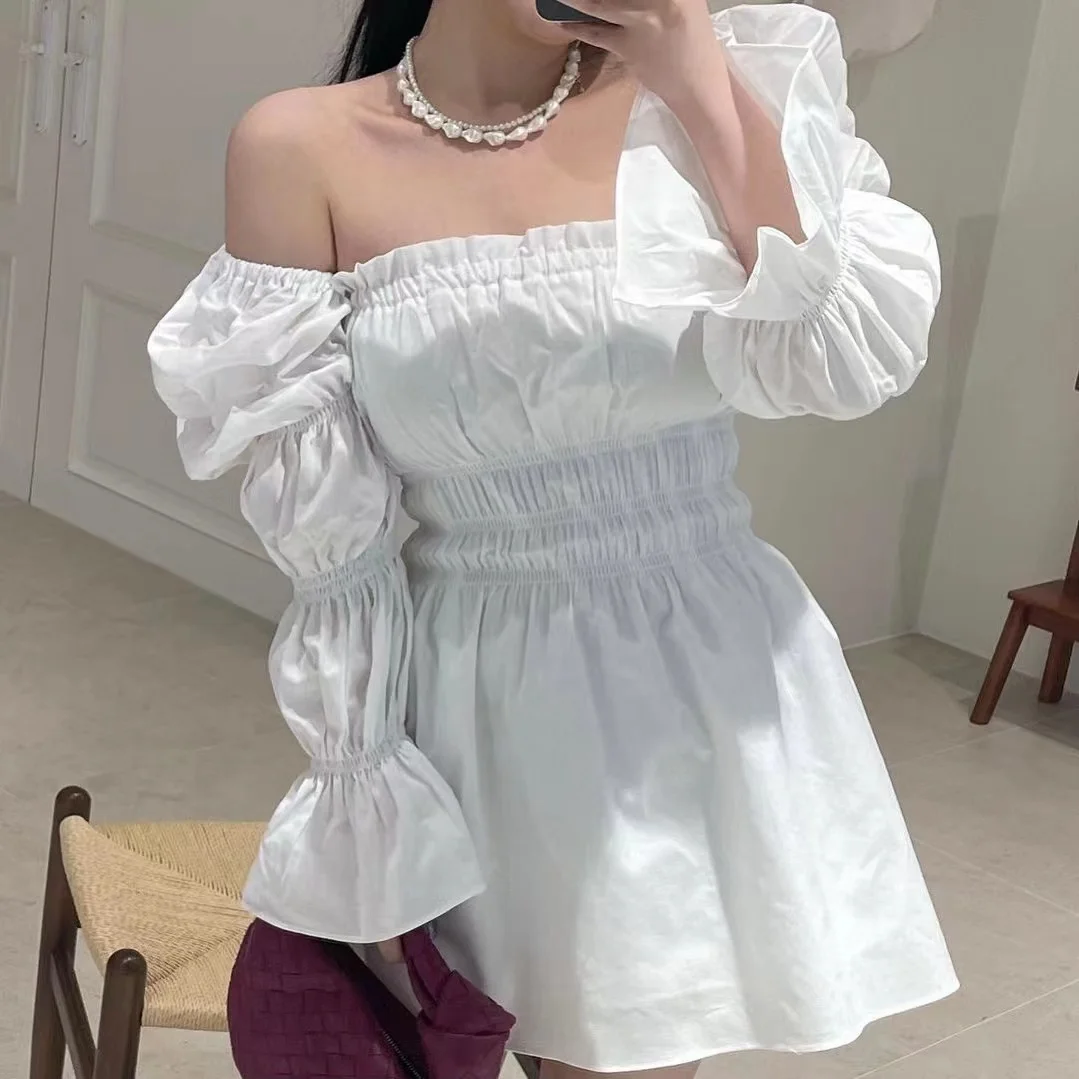 

2022 Summer New Line Neck Off Shoulder Bubble Sleeve Waist Lotus Leaf Swing Temperament A-line Fairy Dress