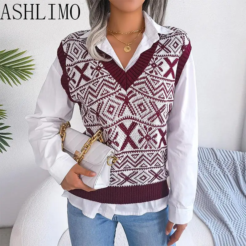 

Женский вязаный свитер, жилет на зиму 2022, с рождественским узором в виде снежинок, вязаный жилет с V-образным вырезом, повседневный свободный...